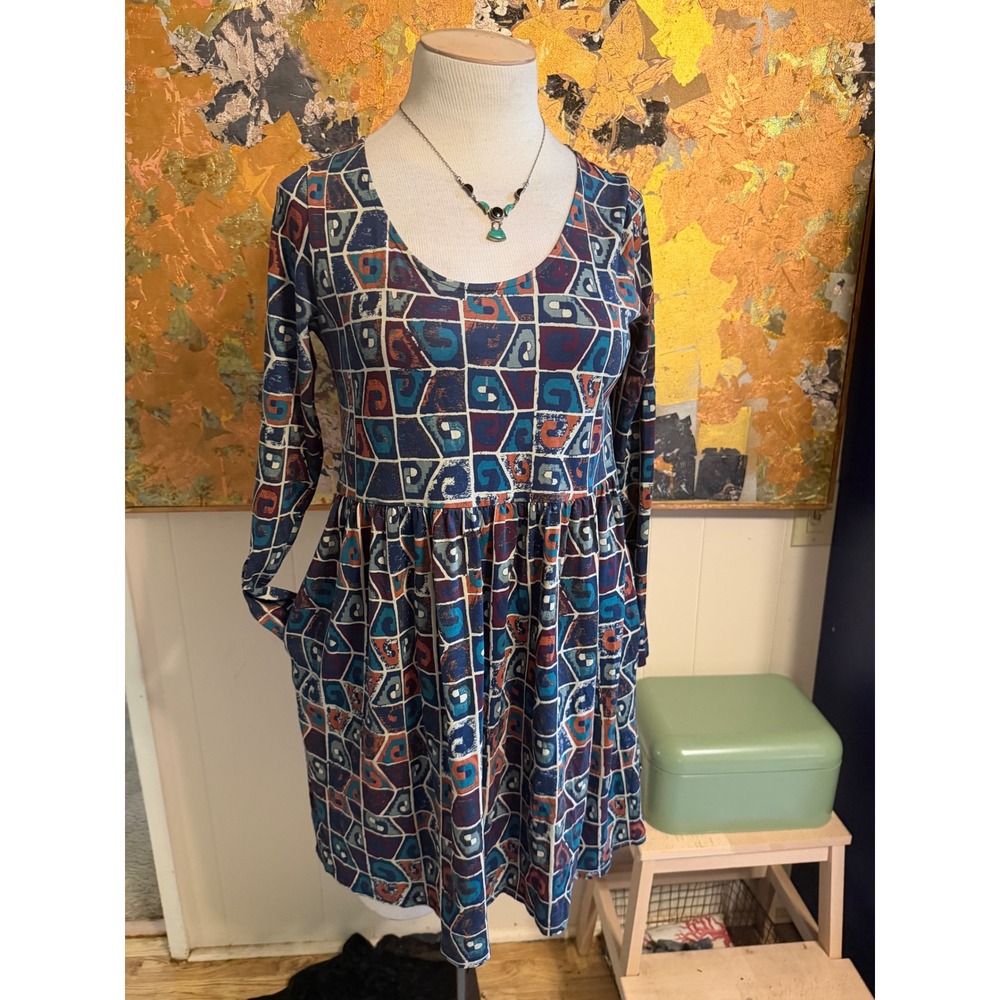 Peruvian Connection Pima Cotton Geometric Print Empire Waist Pocket Dress M